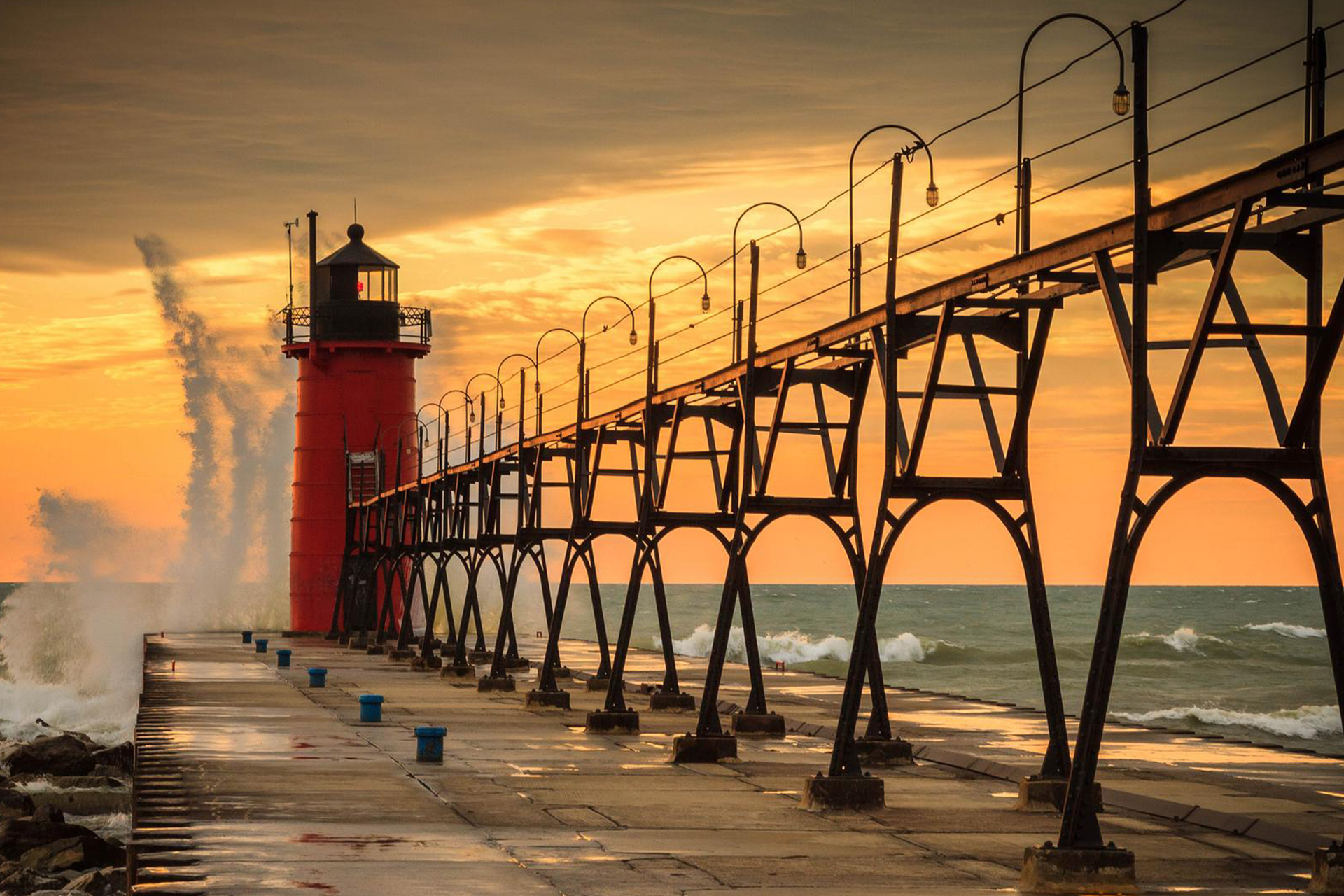 Custom fabricated pier catwalk structure at sunset